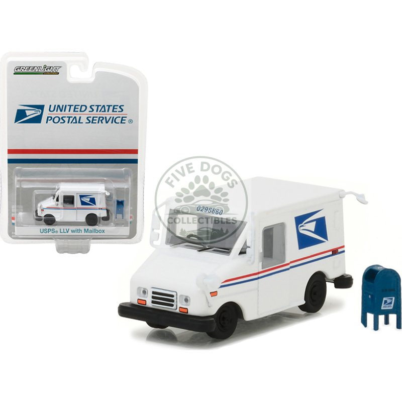 "united states postal service" (usps) long life postal mail delivery vehicle (llv) with mailbox accessory "hobby exclusive" 1/64 diecast model car by greenlight