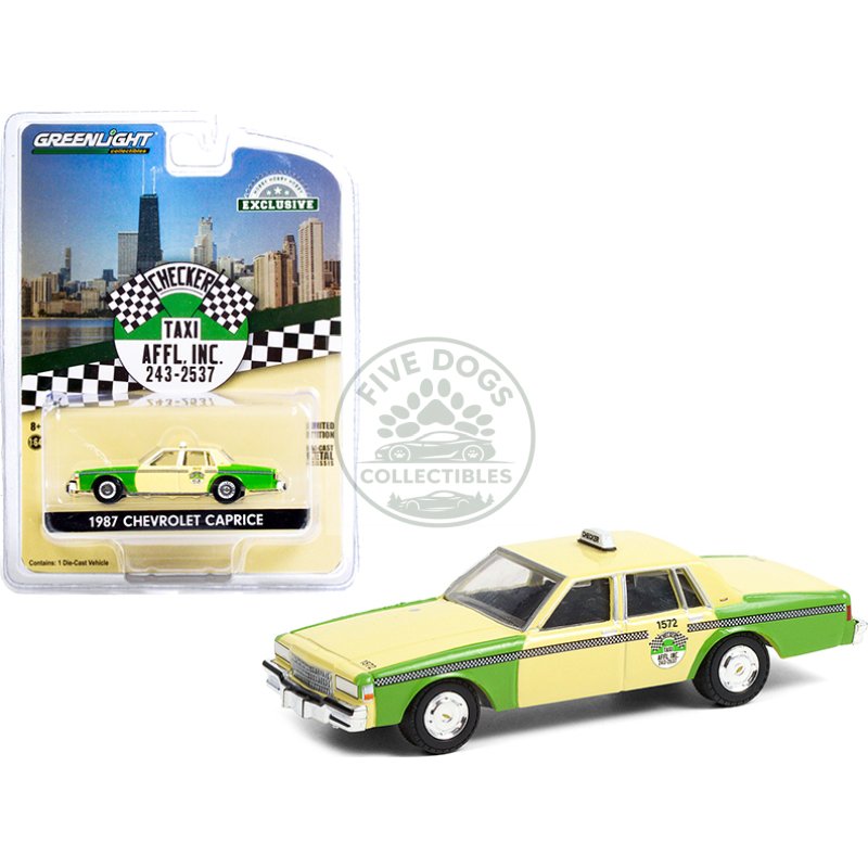1987 chevrolet caprice yellow and green "chicago checker taxi affl inc." "hobby exclusive" 1/64 diecast model car by greenlight