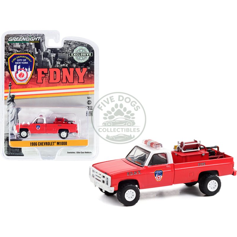 1986 chevrolet m1008 pickup truck red with white top with fire equipment and hose and tank "fire department city of new york" (fdny) "hobby exclusive" 1/64 diecast model car by greenlight