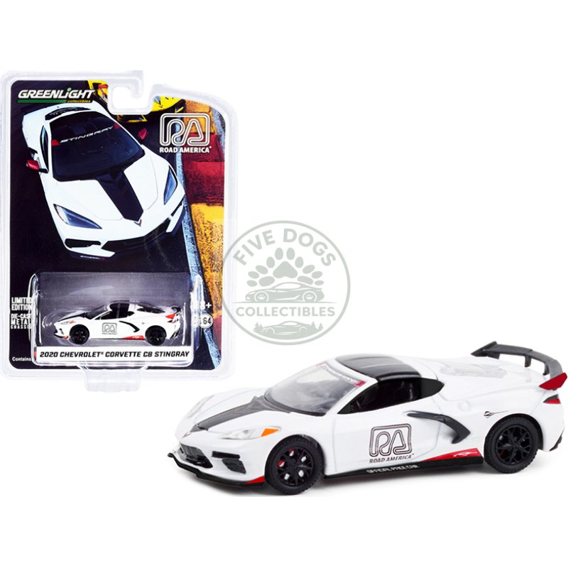 2020 chevrolet corvette c8 stingray white and black "road america official pace car" "hobby exclusive" 1/64 diecast model car by greenlight