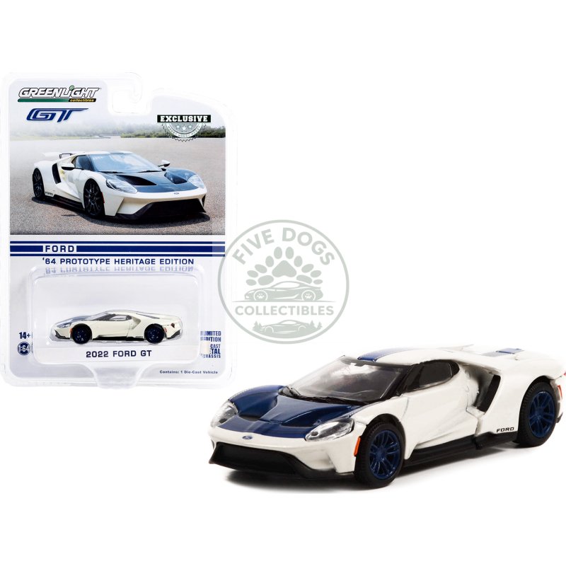 2022 ford gt "1964 prototype heritage edition" white metallic with blue hood and stripe "hobby exclusive" series 1/64 diecast model car by greenlight