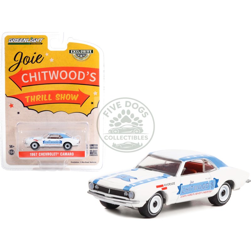 1967 chevrolet camaro white with blue stripes "joie chitwood’s thrill show: legion of worlds greatest daredevils" "hobby exclusive" series 1/64 diecast model car by greenlight
