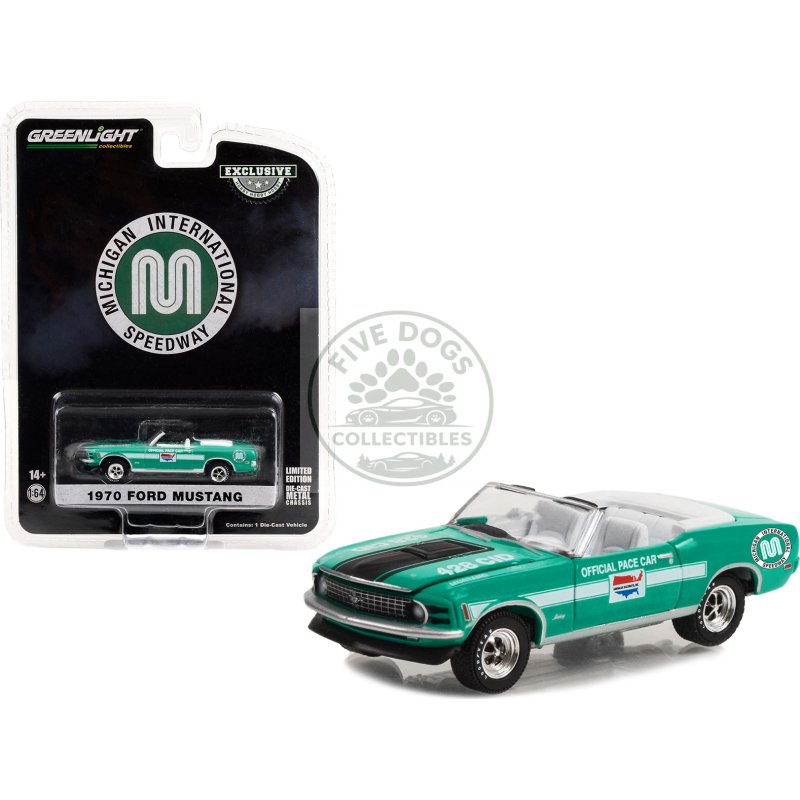 1970 ford mustang mach 1 428 cobra jet convertible "michigan international speedway official pace car" "hobby exclusive" series 1/64 diecast model car by greenlight