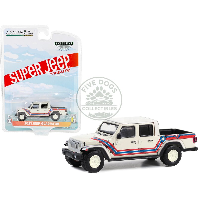 2021 jeep gladiator pickup truck "super jeep tribute" white with red and blue stripes "hobby exclusive" series 1/64 diecast model car by greenlight