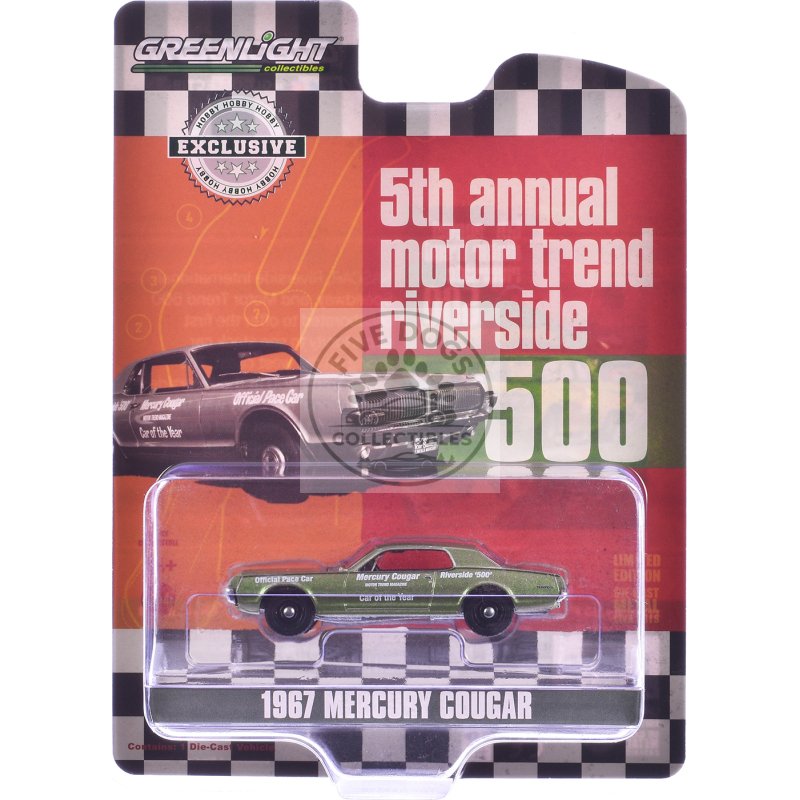 1967 mercury cougar "riverside 500 official pace car motor trend magazine car of the year" green metallic "hobby exclusive" series 1/64 diecast model car by greenlight