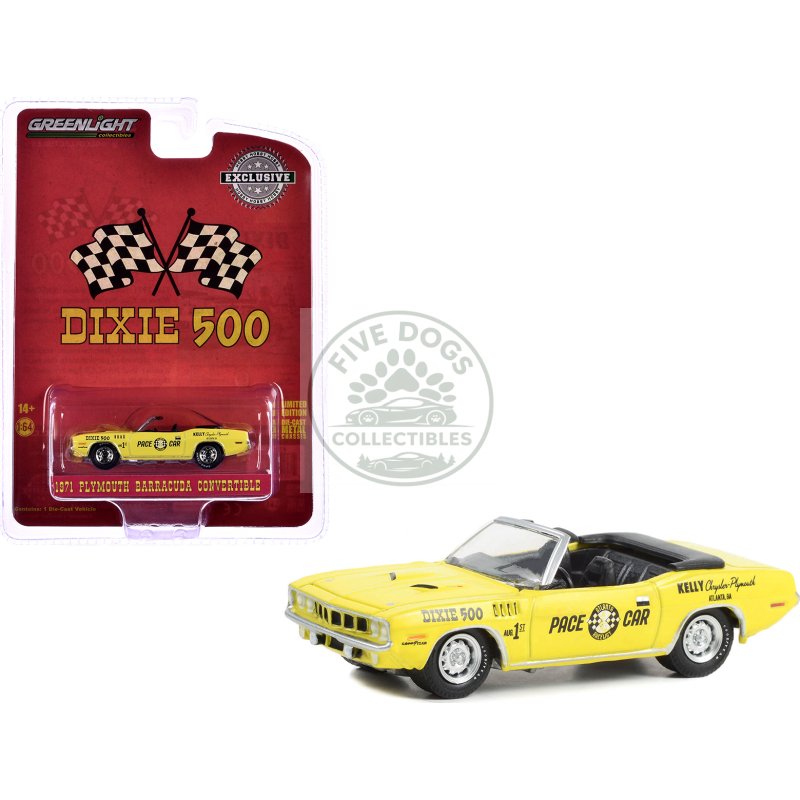 1971 plymouth barracuda convertible "dixie 500 pace car" yellow "hobby exclusive" series 1/64 diecast model car by greenlight