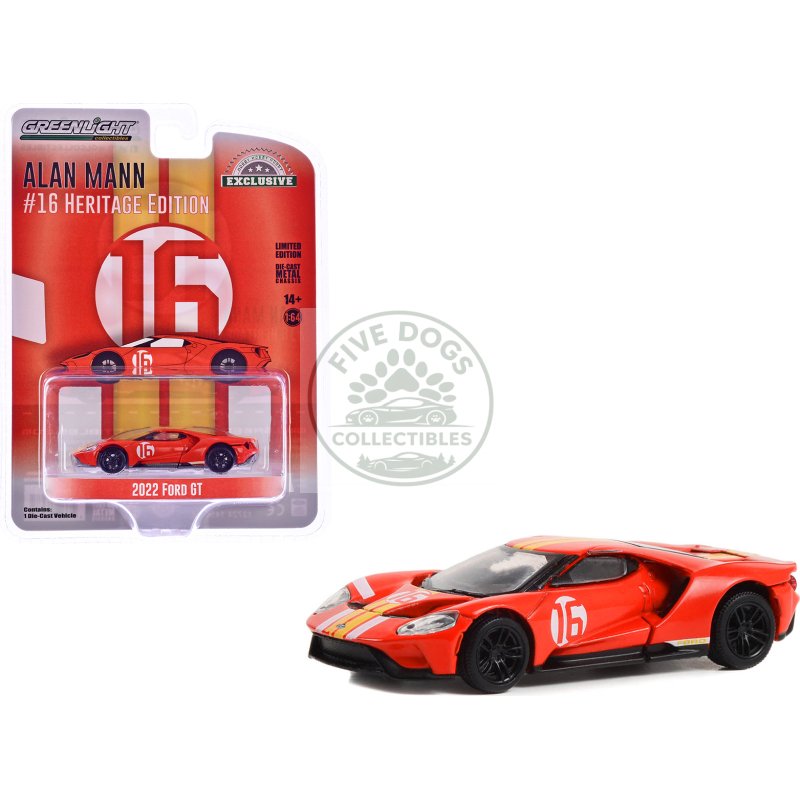 2022 ford gt heritage edition #16 alan mann "1966 ford am gt 1 prototype tribute" red with stripes "hobby exclusive" series 1/64 diecast model car by greenlight