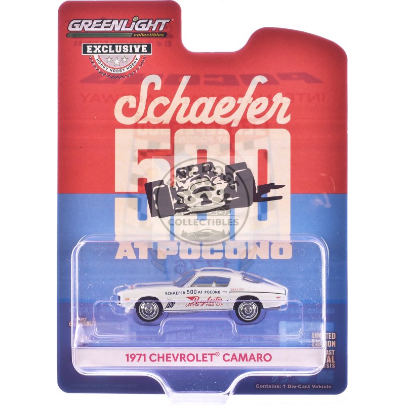 1971 chevrolet camaro "1971 schaefer 500 at pocono raybestos official pace car" white with white interior "hobby exclusive" series 1/64 diecast model car by greenlight