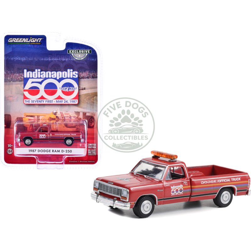 1987 dodge ram d 250 pickup truck "71st annual indianapolis 500 mile race dodge official truck" red with stripes "hobby exclusive" series 1/64 diecast model car by greenlight