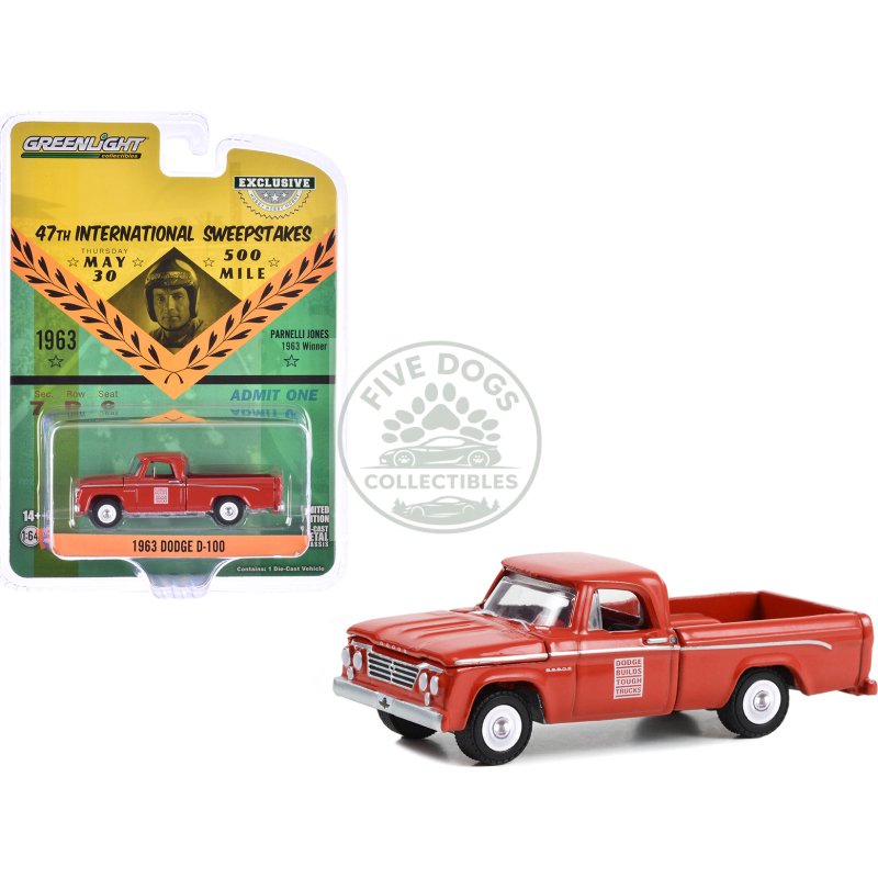 1963 dodge d 100 pickup truck "47th international 500 mile sweepstakes indianapolis 500 official truck" red "hobby exclusive" series 1/64 diecast model car by greenlight