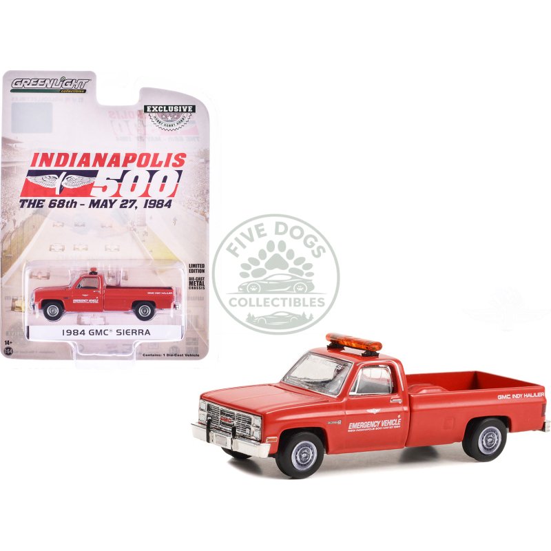 1984 gmc sierra pickup truck "68th annual indianapolis 500 mile race emergency vehicle" red "hobby exclusive" series 1/64 diecast model car by greenlight