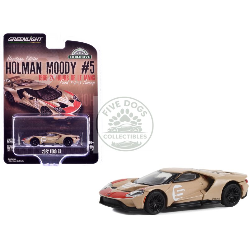 2022 ford gt heritage edition #5 holman moody "1966 24 hours of le mans ford 1 2 3 sweep tribute" gold metallic with red accents "hobby exclusive" series 1/64 diecast model car by greenlight