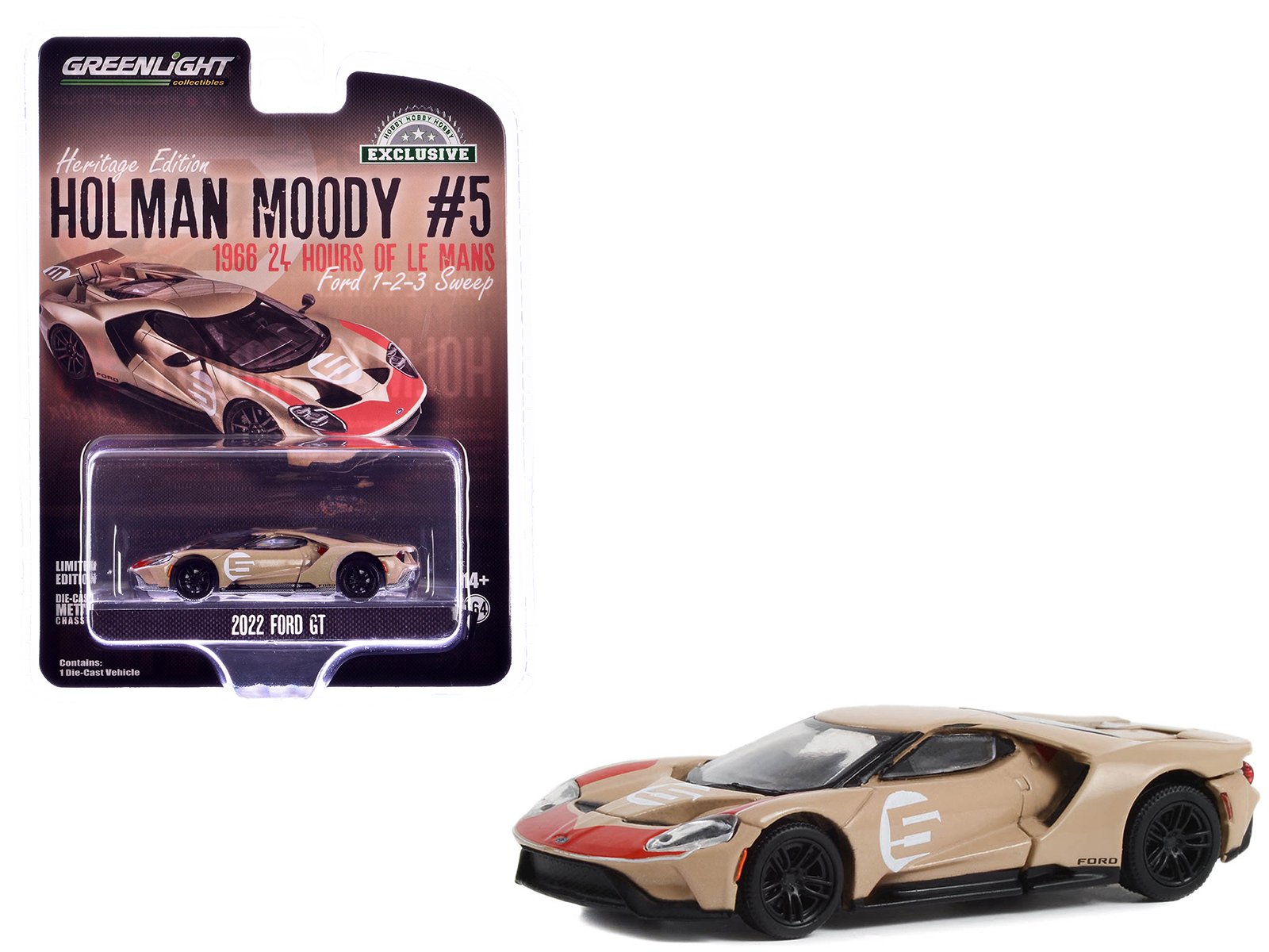 2022 ford gt heritage edition #5 holman moody "1966 24 hours of le mans ford 1 2 3 sweep tribute" gold metallic with red accents "hobby exclusive" series 1/64 diecast model car by greenlight 2022 ford gt heritage edition #5 holman moody "1966 24 hours of le mans ford 1 2 3 sweep tribute" gold metallic with red accents "hobby exclusive" series 1/64 diecast model car by greenlight