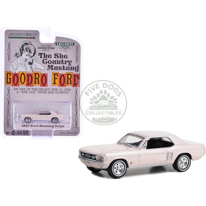 1967 ford mustang coupe "she country special bill goodro ford denver colorado" bermuda sand "hobby exclusive" series 1/64 diecast model car by greenlight