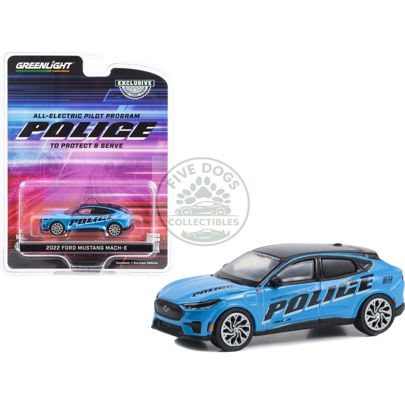 2022 ford mustang mach e police blue with black top "all electric pilot program vehicle" "hobby exclusive" series 1/64 diecast model car by greenlight