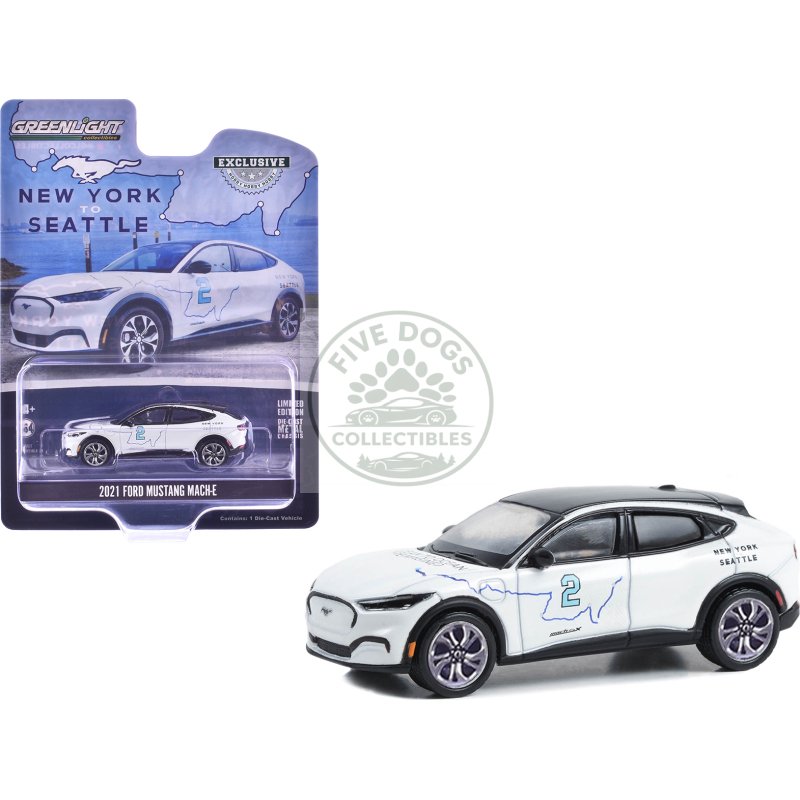 2021 ford mustang mach e #2 "new york to seattle transcontinental tour" white with black top "hobby exclusive" series 1/64 diecast model car by greenlight