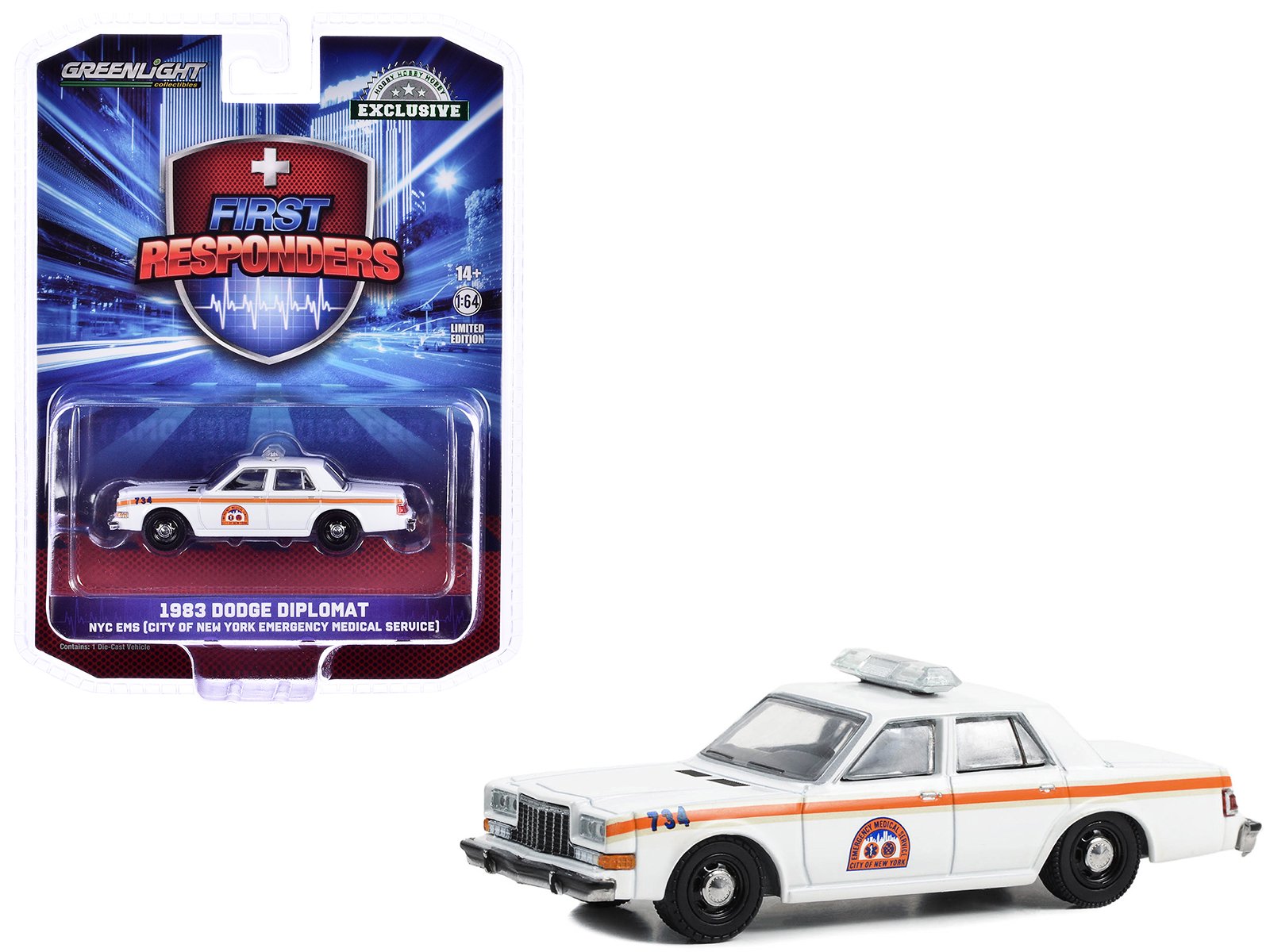 1983 dodge diplomat "nyc ems (city of new york emergency medical service)" white with orange stripes "first responders hobby exclusive" series 1/64 diecast model car by greenlight 1983 dodge diplomat "nyc ems (city of new york emergency medical service)" white with orange stripes "first responders hobby exclusive" series 1/64 diecast model car by greenlight