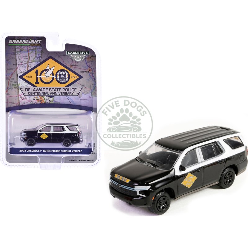 2023 chevrolet tahoe police pursuit vehicle "delaware state police centennial anniversary" black and white "hobby exclusive" series 1/64 diecast model car by greenlight