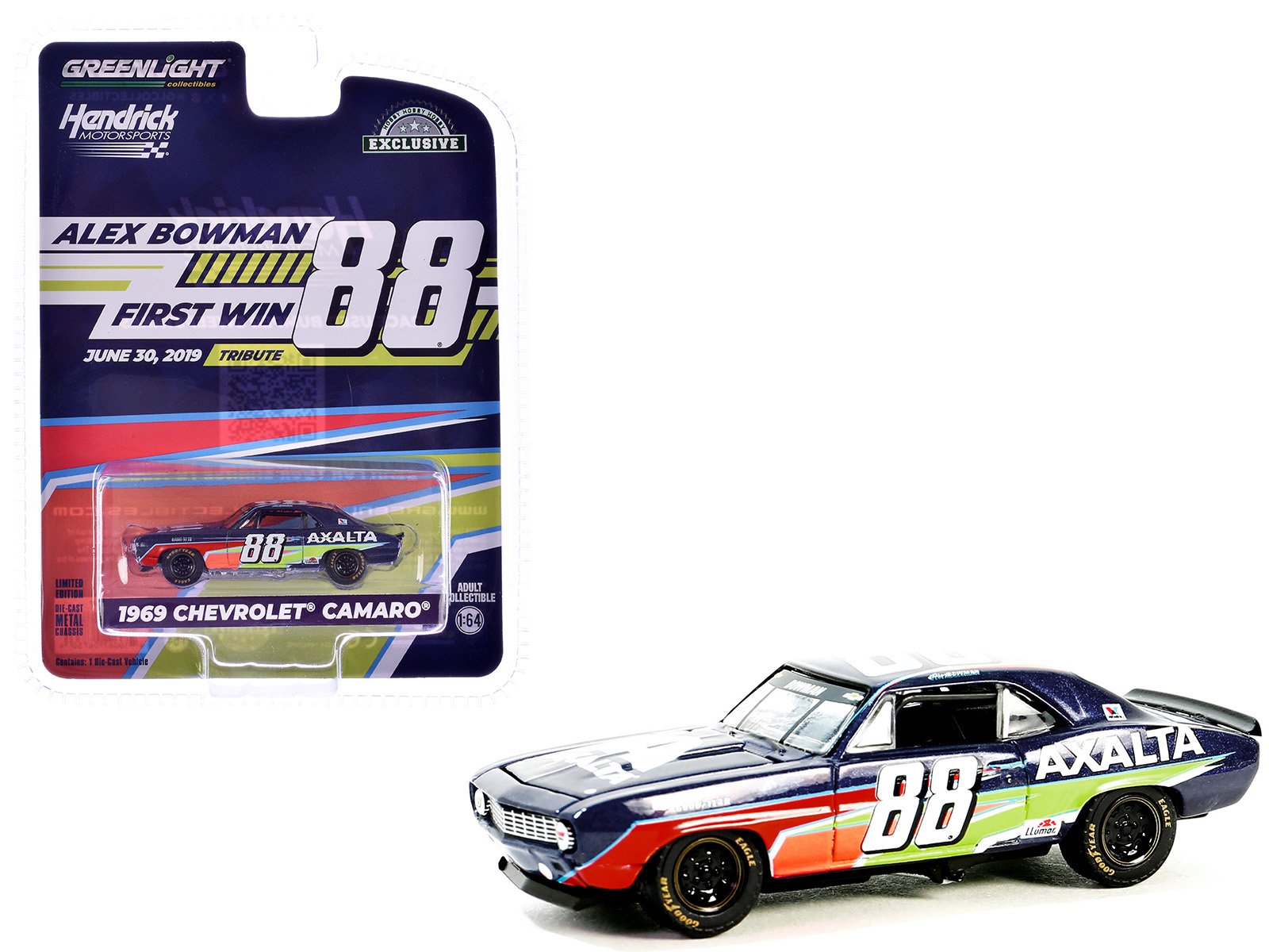 1969 chevrolet camaro #88 "alex bowman hendrick motorsports first win tribute" dark blue with graphics "hobby exclusive" series 1/64 diecast model car by greenlight 1969 chevrolet camaro #88 "alex bowman hendrick motorsports first win tribute" dark blue with graphics "hobby exclusive" series 1/64 diecast model car by greenlight
