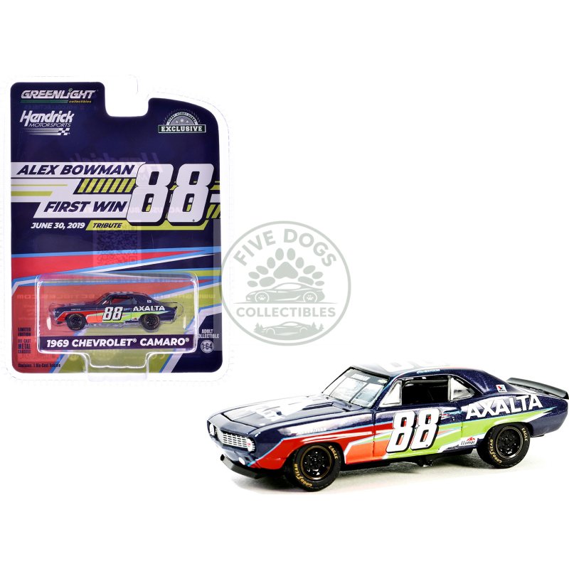 1969 chevrolet camaro #88 "alex bowman hendrick motorsports first win tribute" dark blue with graphics "hobby exclusive" series 1/64 diecast model car by greenlight
