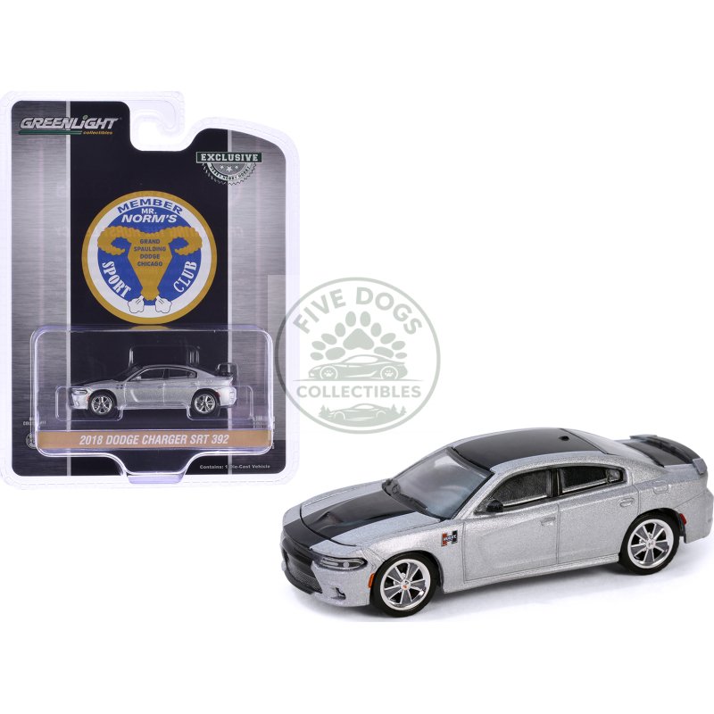 2018 dodge charger srt 392 silver metallic with black stripe "mr. norm heritage gss charger" "hobby exclusive" series 1/64 diecast model car by greenlight