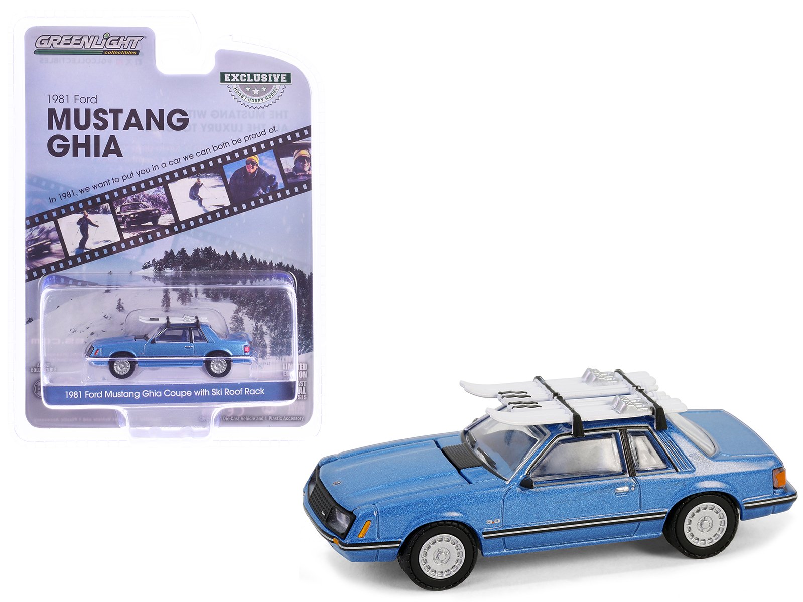 1981 ford mustang ghia coupe blue glow metallic with ski roof rack "hobby exclusive" series 1/64 diecast model car by greenlight 1981 ford mustang ghia coupe blue glow metallic with ski roof rack "hobby exclusive" series 1/64 diecast model car by greenlight