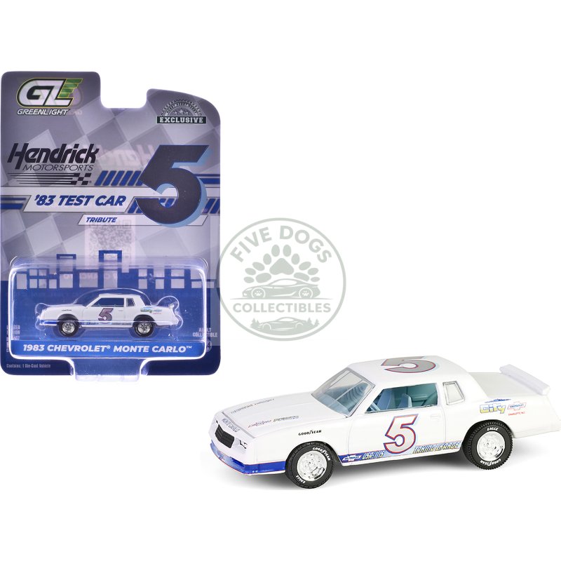 1983 chevrolet monte carlo #5 "hendrick motorsports first test car tribute" white with blue stripes and interior "hobby exclusive" series 1/64 diecast model car by greenlight