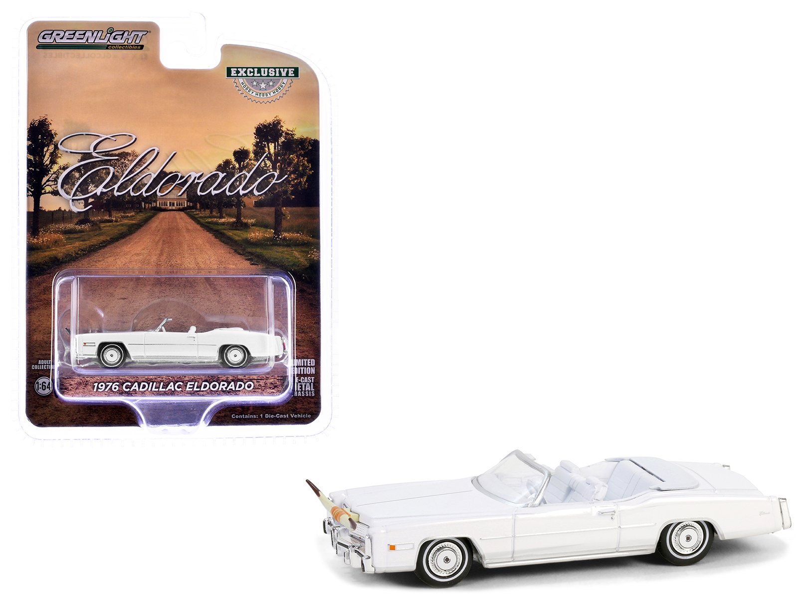 1976 cadillac eldorado convertible white with white interior and bull horns hood ornament "hobby exclusive" series 1/64 diecast model car by greenlight 1976 cadillac eldorado convertible white with white interior and bull horns hood ornament "hobby exclusive" series 1/64 diecast model car by greenlight