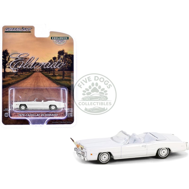 1976 cadillac eldorado convertible white with white interior and bull horns hood ornament "hobby exclusive" series 1/64 diecast model car by greenlight