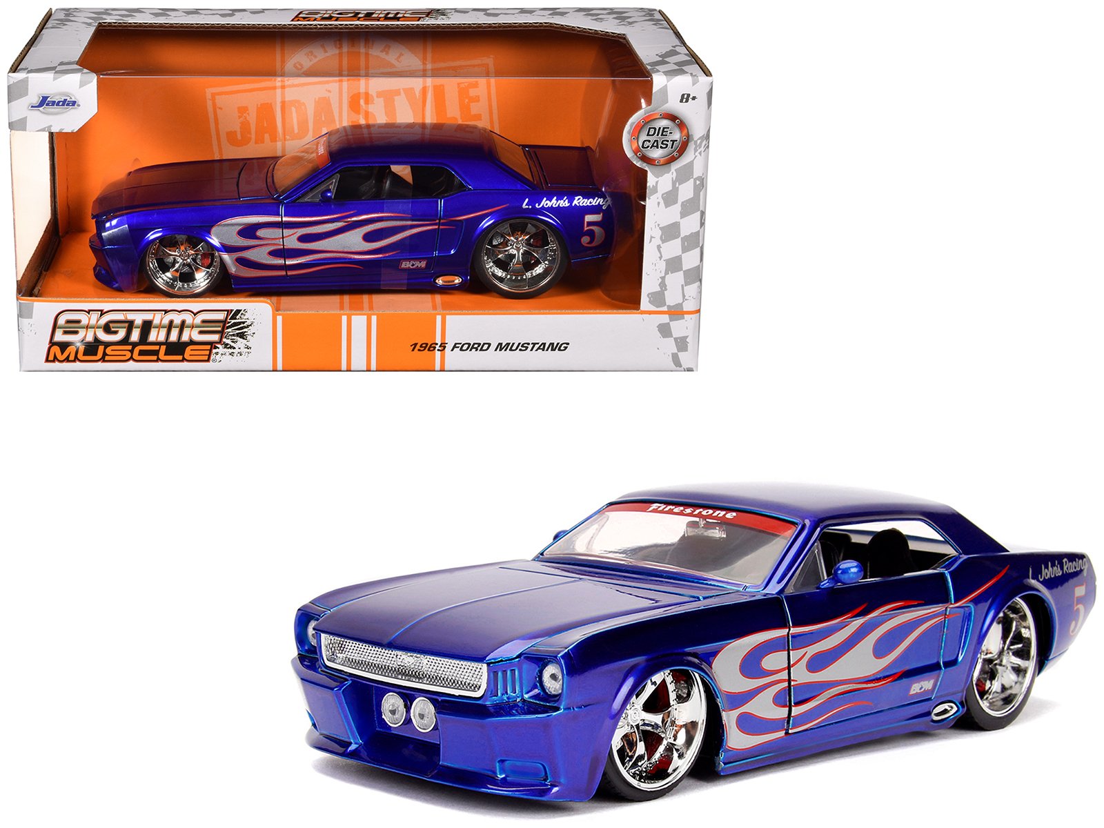 1965 ford mustang #5 "l. john's racing" candy blue with flame graphics "bigtime muscle" series 1/24 diecast model car by jada 1965 ford mustang #5 "l. john's racing" candy blue with flame graphics "bigtime muscle" series 1/24 diecast model car by jada