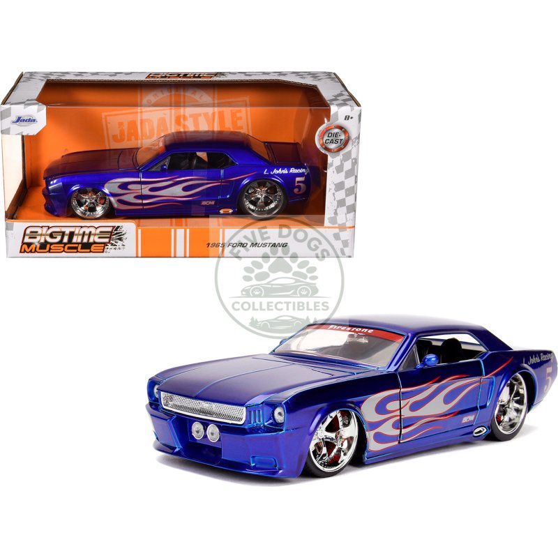 1965 ford mustang #5 "l. john's racing" candy blue with flame graphics "bigtime muscle" series 1/24 diecast model car by jada