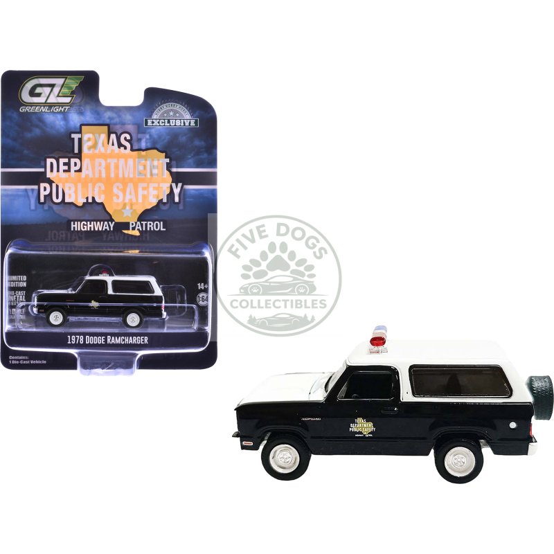 1978 dodge ramcharger police vehicle "texas department of public safety highway patrol" black with white hood and top "hobby exclusive" series 1/64 diecast model car by greenlight