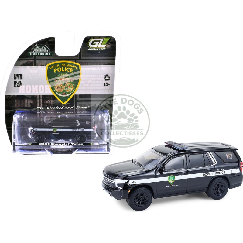 2024 chevrolet tahoe police pursuit vehicle "dover police – 100th anniversary edition" black with white stripes "hobby exclusive" series 1/64 diecast model car by greenlight
