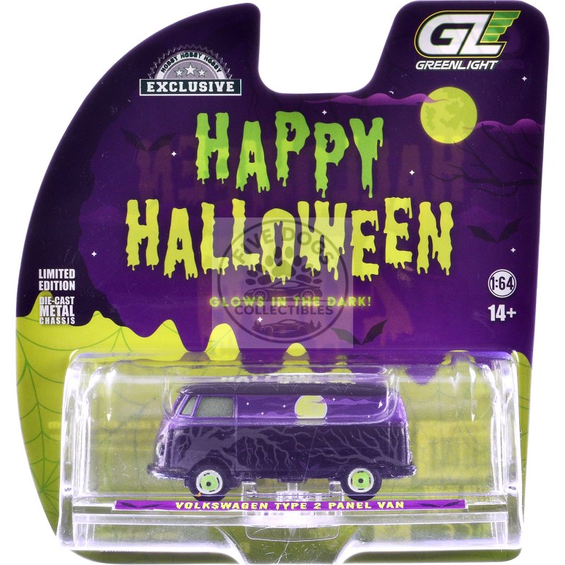 volkswagen type 2 panel van "halloween 2025 spooky night" black and purple with "glow in the dark" paint "hobby exclusive" series 1/64 diecast model car by greenlight