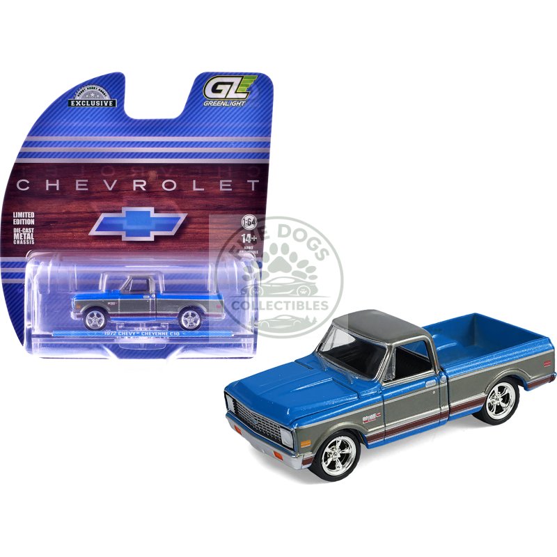 1972 chevrolet cheyenne c10 short bed pickup truck electric blue and gunmetal gray metallic "hobby exclusive" series 1/64 diecast model car by greenlight
