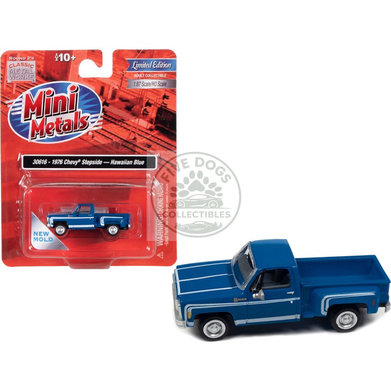 1976 chevrolet stepside pickup truck hawaiian blue with white stripes 1/87 (ho) scale model car by classic metal works