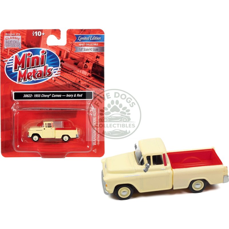 1955 chevrolet cameo pickup truck ivory and red 1/87 (ho) scale model car by classic metal works