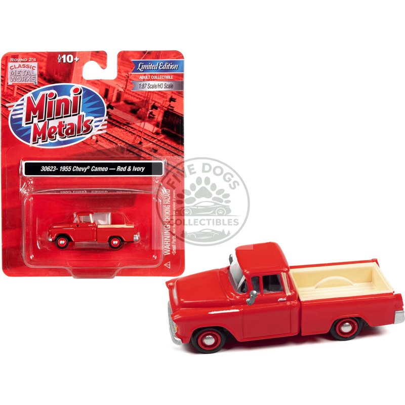 1955 chevrolet cameo pickup truck red and ivory 1/87 (ho) scale model car by classic metal works