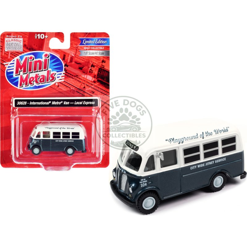 international metro van dark blue metallic and white "city wide jitney service" 1/87 (ho) scale model car by classic metal works