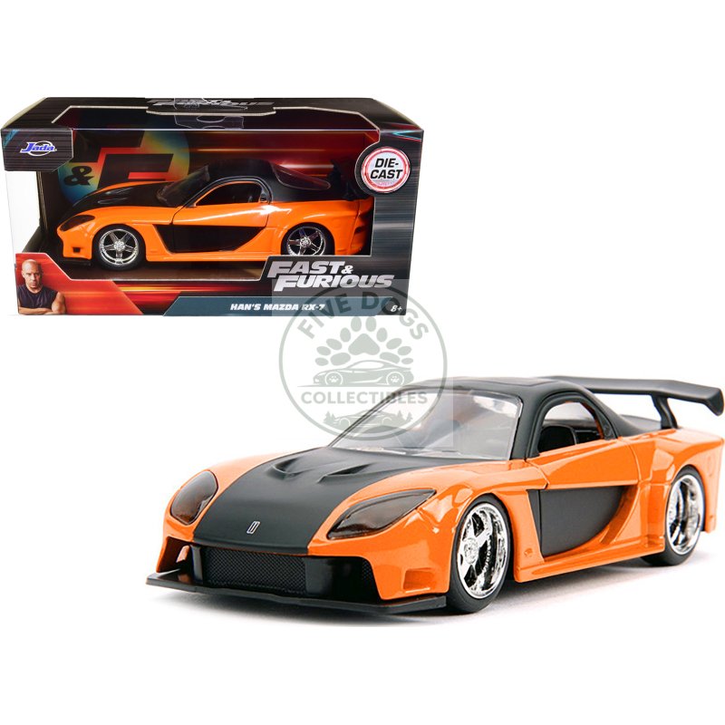 han's mazda rx 7 rhd (right hand drive) orange metallic and black "fast & furious" movie 1/32 diecast model car by jada