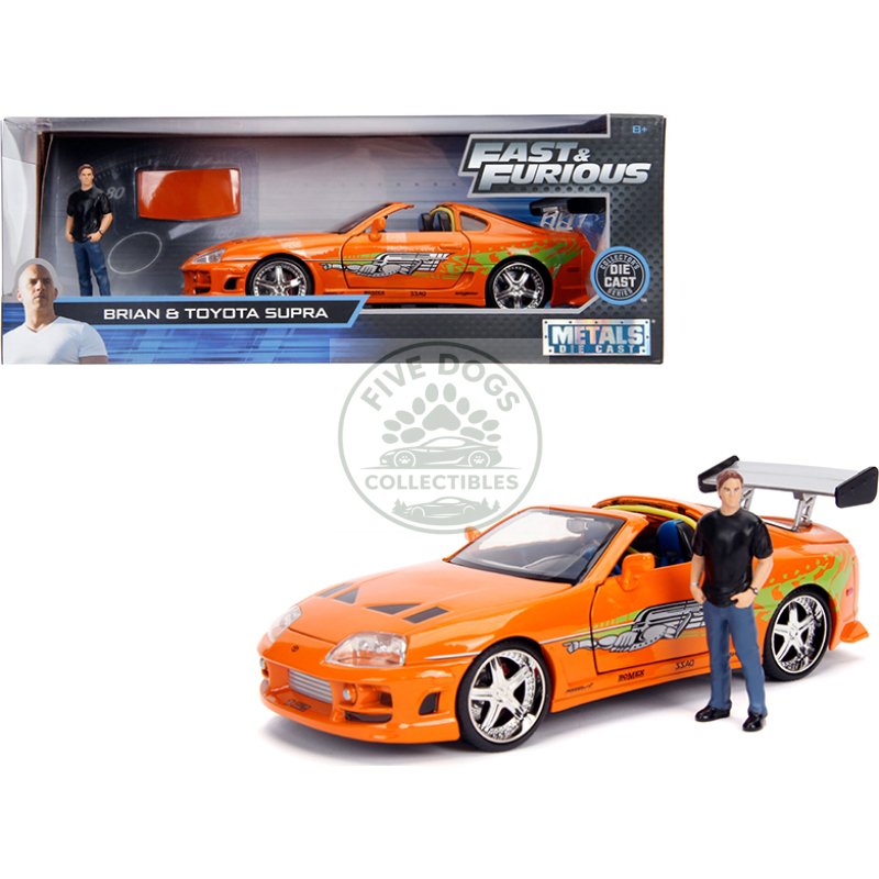 toyota supra orange metallic with brian diecast figurine "fast & furious" movie 1/24 diecast model car by jada