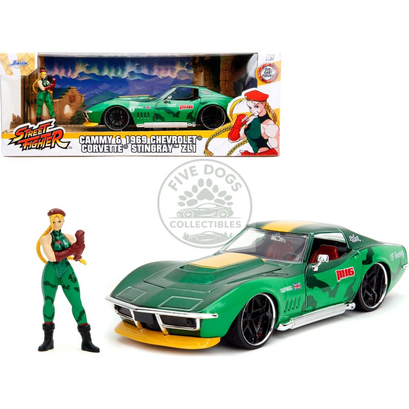1969 chevrolet corvette stingray zl1 green metallic with yellow stripes and cammy diecast figure "street fighter" video game "anime hollywood rides" series 1/24 diecast model car by jada