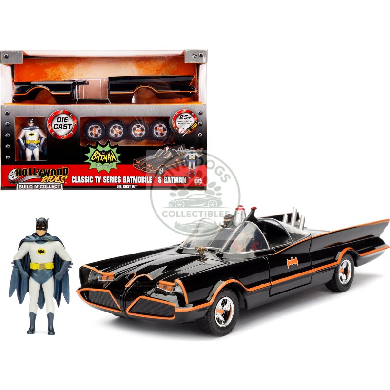 model kit classic batmobile black with batman diecast figure "batman" (1966 1968) tv series "build n' collect" 1/24 diecast model car by jada