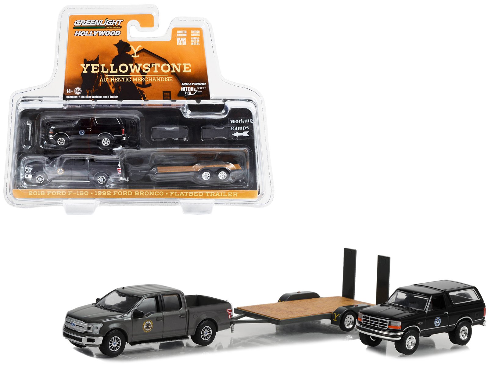 2018 ford f 150 pickup truck gray with 1992 ford bronco "montana livestock association" black and flatbed car trailer "yellowstone" (2018 current) tv series "hollywood hitch & tow" series 11 1/64 diecast model cars by greenlight 2018 ford f 150 pickup truck gray with 1992 ford bronco "montana livestock association" black and flatbed car trailer "yellowstone" (2018 current) tv series "hollywood hitch & tow" series 11 1/64 diecast model cars by greenlight
