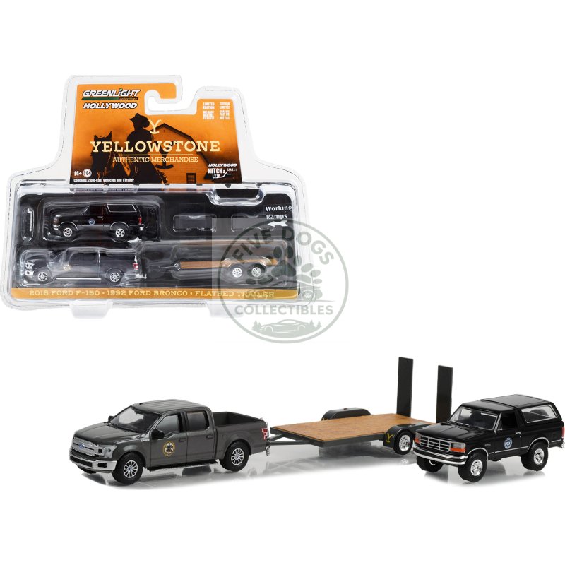 2018 ford f 150 pickup truck gray with 1992 ford bronco "montana livestock association" black and flatbed car trailer "yellowstone" (2018 current) tv series "hollywood hitch & tow" series 11 1/64 diecast model cars by greenlight