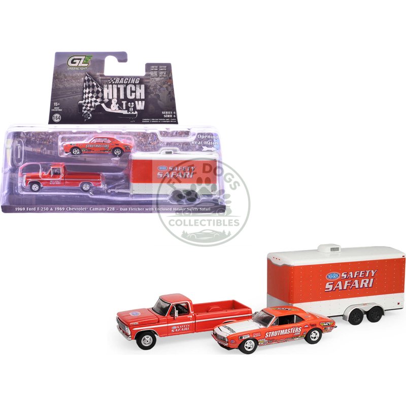 1969 ford f 250 pickup truck red and 1969 chevrolet camaro z28 "dan fletcher" orange with white hood "nhra safety team" with enclosed car trailer "racing hitch & tow" series 6 1/64 diecast model cars by greenlight