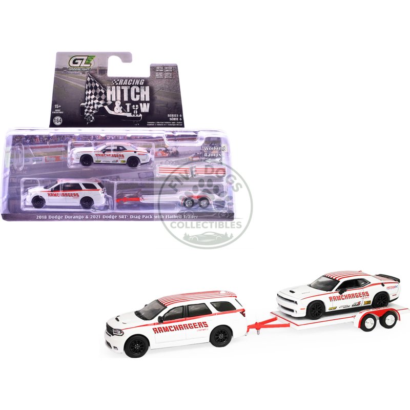 2018 dodge durango white with red stripes and 2021 dodge challenger srt white with red stripes "ramchargers" with flatbed trailer "racing hitch & tow" series 6 1/64 diecast model cars by greenlight