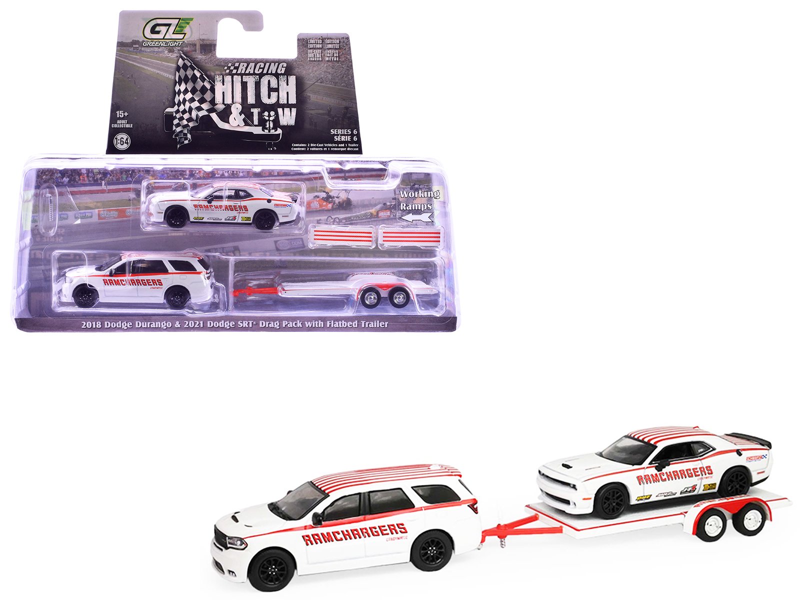 2018 dodge durango white with red stripes and 2021 dodge challenger srt white with red stripes "ramchargers" with flatbed trailer "racing hitch & tow" series 6 1/64 diecast model cars by greenlight 2018 dodge durango white with red stripes and 2021 dodge challenger srt white with red stripes "ramchargers" with flatbed trailer "racing hitch & tow" series 6 1/64 diecast model cars by greenlight