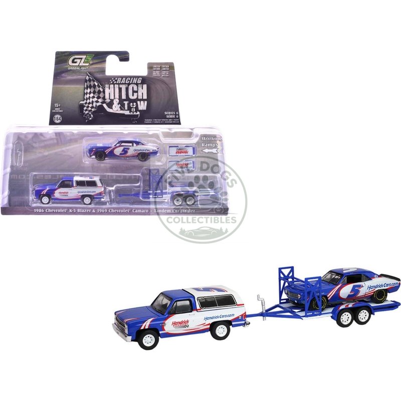 1986 chevrolet k5 blazer blue and white and 1969 chevrolet camaro #5 blue and white "kyle larson hendrick motorsports" with tandem car trailer "racing hitch & tow" series 6 1/64 diecast model cars by greenlight