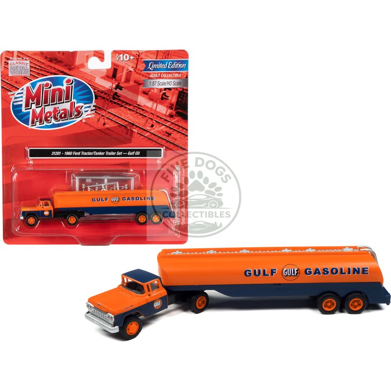 1960 ford tanker truck orange and blue "gulf oil" 1/87 (ho) scale model by classic metal works